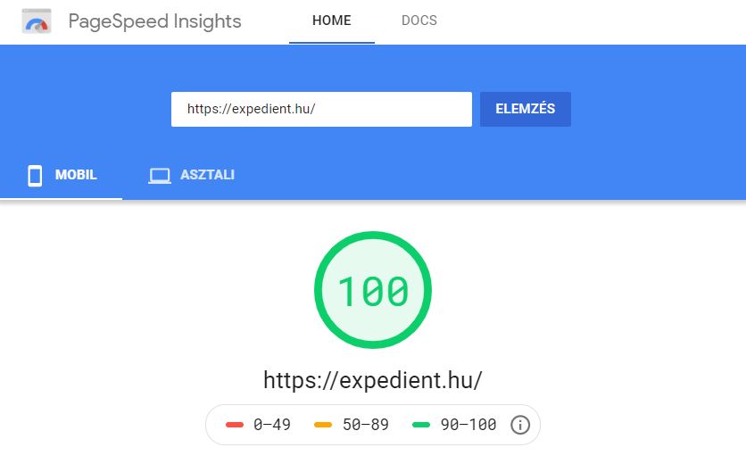 Expedient.hu PageSpeed Insigths sebesség teszt