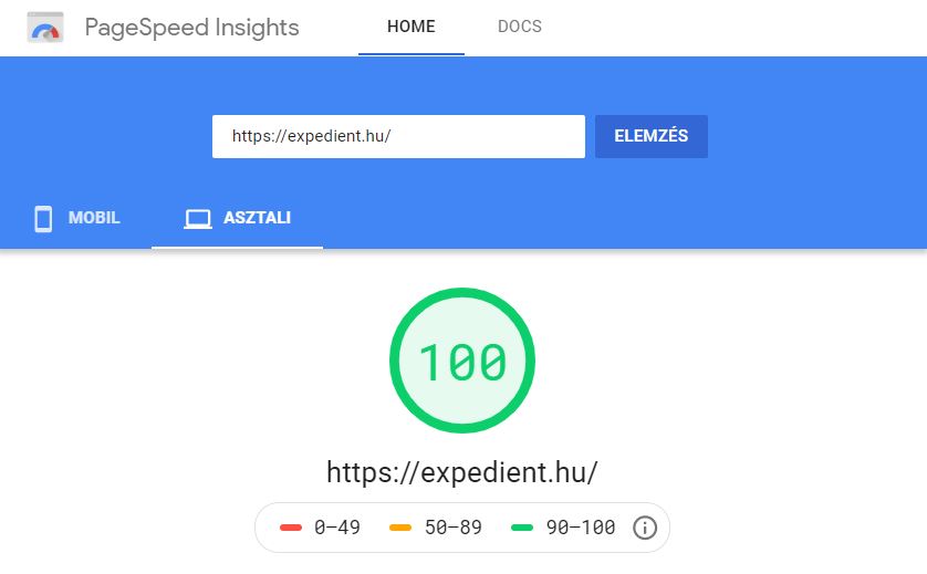 Expedient.hu PageSpeed Insigths sebesség teszt